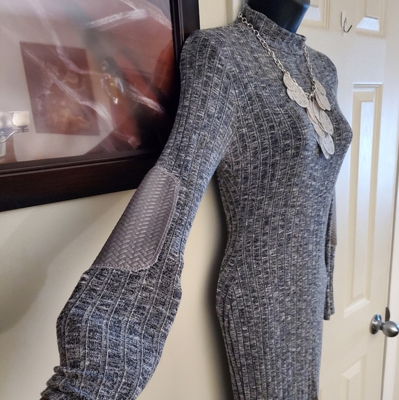 Ribbed Faux Leather Elbow Enhanced Bodycon Sweater Dress, Size Medium - Picture 3 of 6